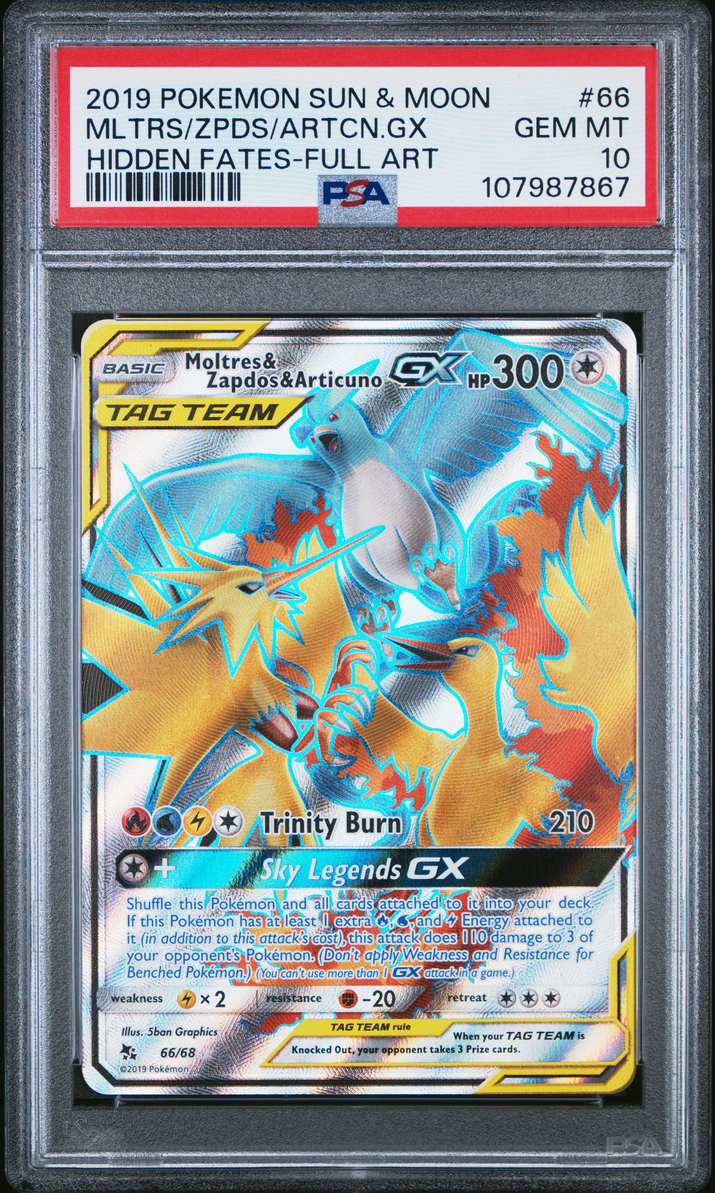 PSA 10 - Hidden Fates - Moltres & Zapdos & Articuno GX #66