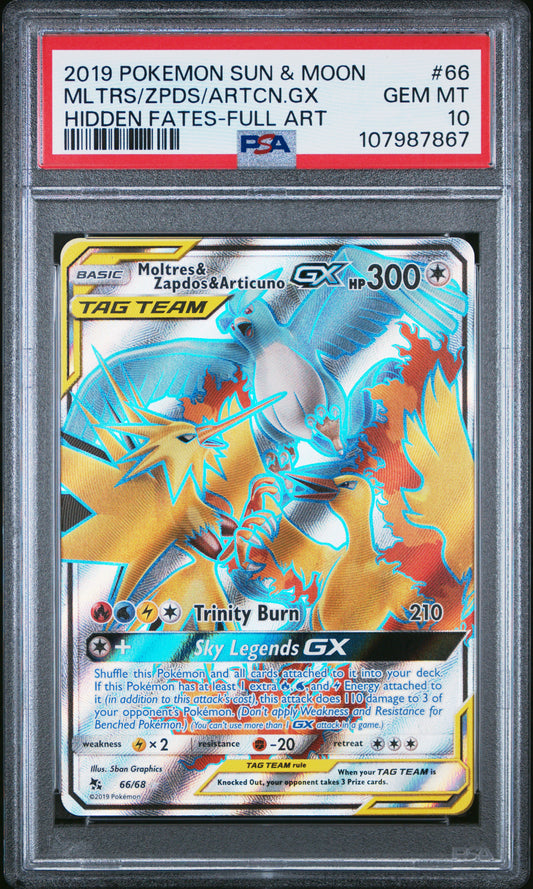 PSA 10 - Hidden Fates - Moltres & Zapdos & Articuno GX #66