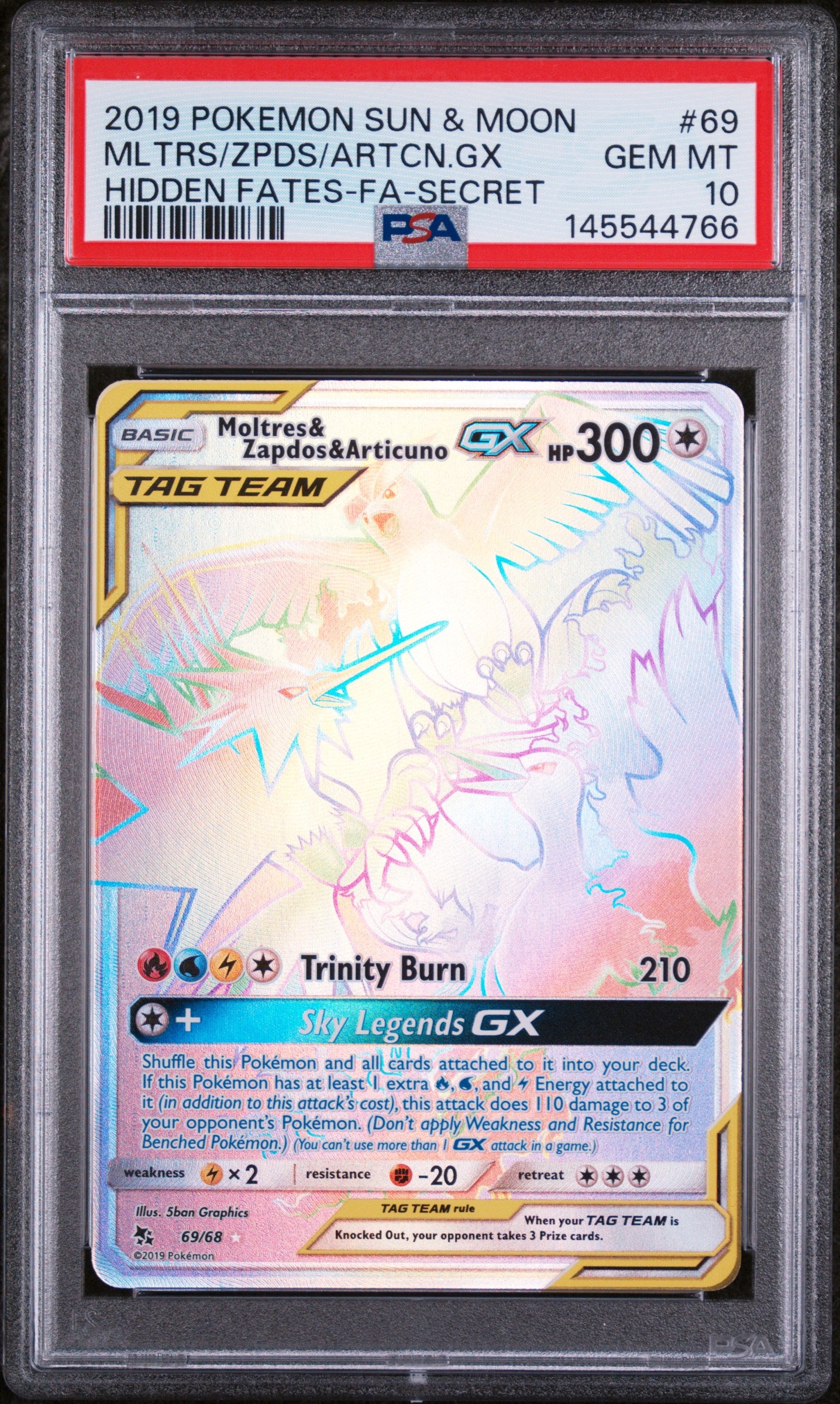 PSA 10 - Hidden Fates - FA - Secret - Moltres & Zapdos & Articuno GX #69